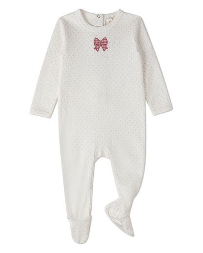 Baby Girls "Put A Bow On It" 100% Cotton Embroidered Polka-Dot Footie