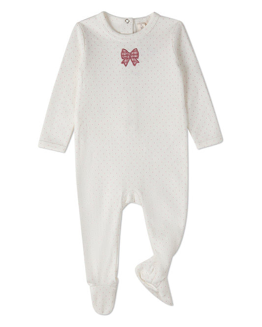 Baby Girls "Put A Bow On It" 100% Cotton Embroidered Polka-Dot Footie