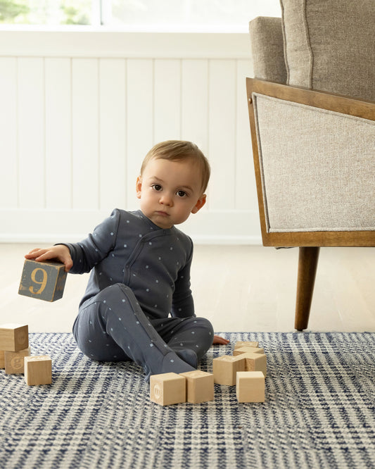 Baby and Toddler Boys "Little Squares" Side-Snap Ribbed Cotton Rich Footie : Color: Blue