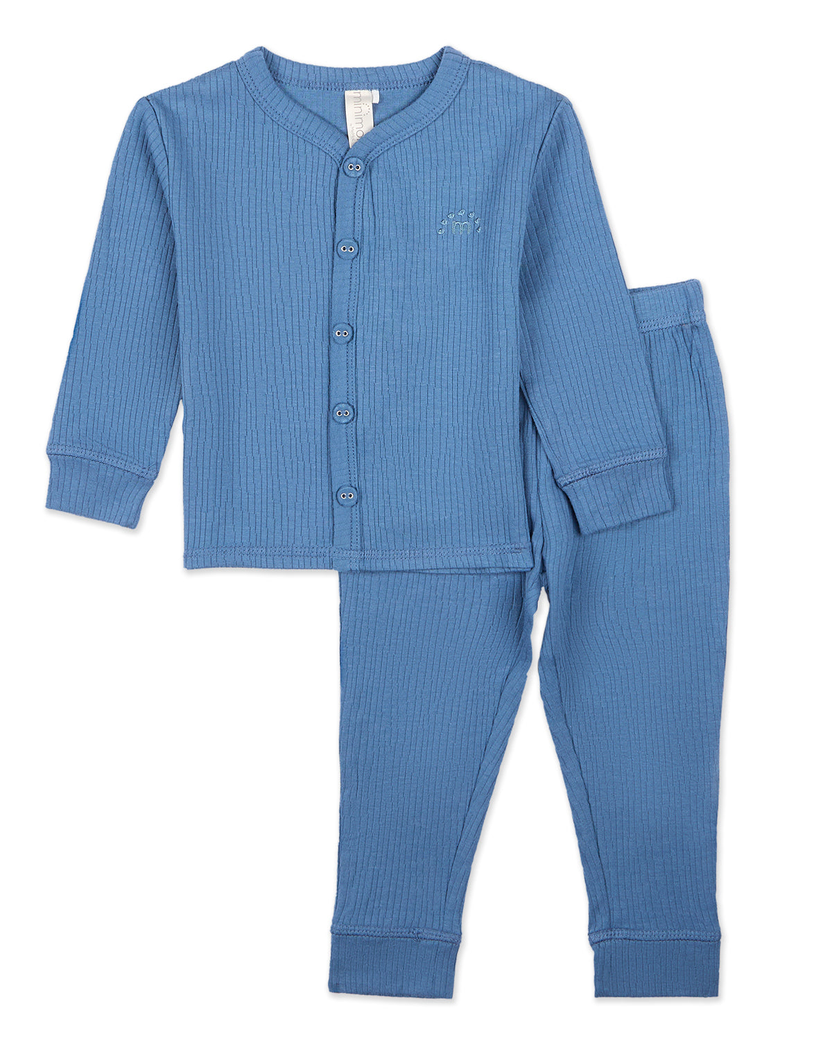 2 Piece Kids Ribbed Cotton Blend Solid Color Button-Down Pajama Set : Color: Deep Water