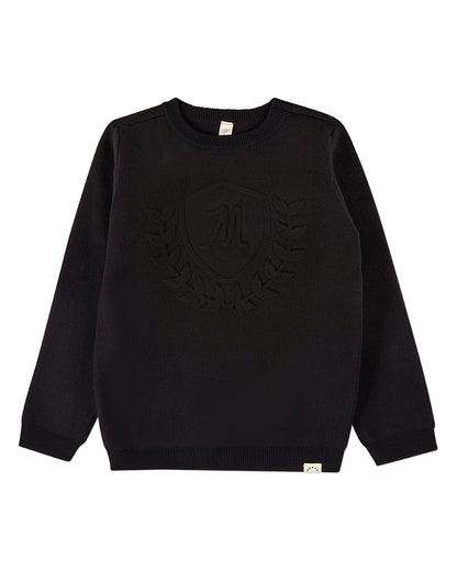 Boys 100% Cotton Knit Pullover Crewneck Sweater with Embossed 3D Crest