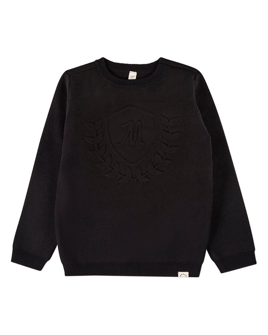 Boys 100% Cotton Knit Pullover Crewneck Sweater with Embossed 3D Crest