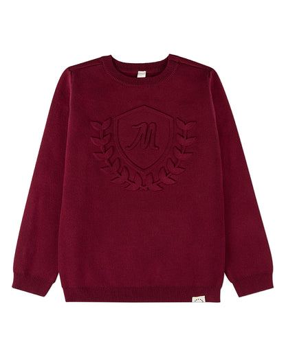Boys 100% Cotton Knit Pullover Crewneck Sweater with Embossed 3D Crest