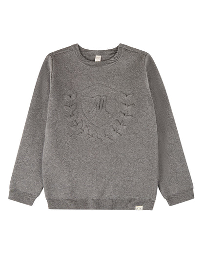 Boys 100% Cotton Knit Pullover Crewneck Sweater with Embossed 3D Crest