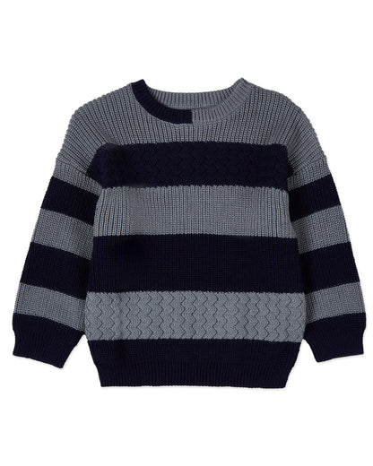 Boys 2-Tone Striped Cotton Rich Knit Pullover Sweater : Color: Navy