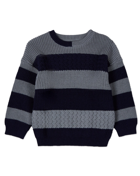 Boys 2-Tone Striped Cotton Rich Knit Pullover Sweater : Color: Navy