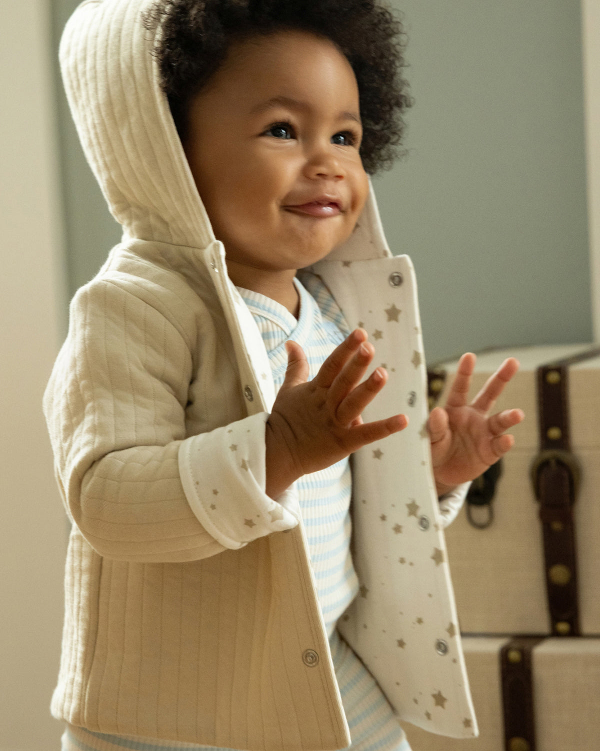 Baby and Toddler Unisex Hooded Reversible Cotton Rich Star-Print / Quilted Jacket : Color: Oatmeal-Winter White