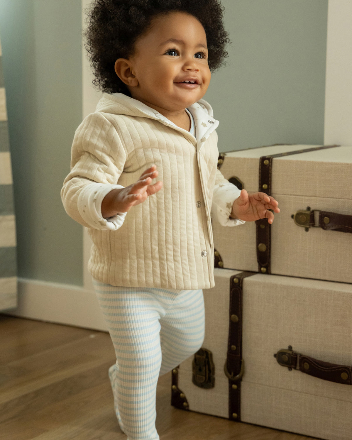 Baby and Toddler Unisex Hooded Reversible Cotton Rich Star-Print / Quilted Jacket : Color: Oatmeal-Winter White