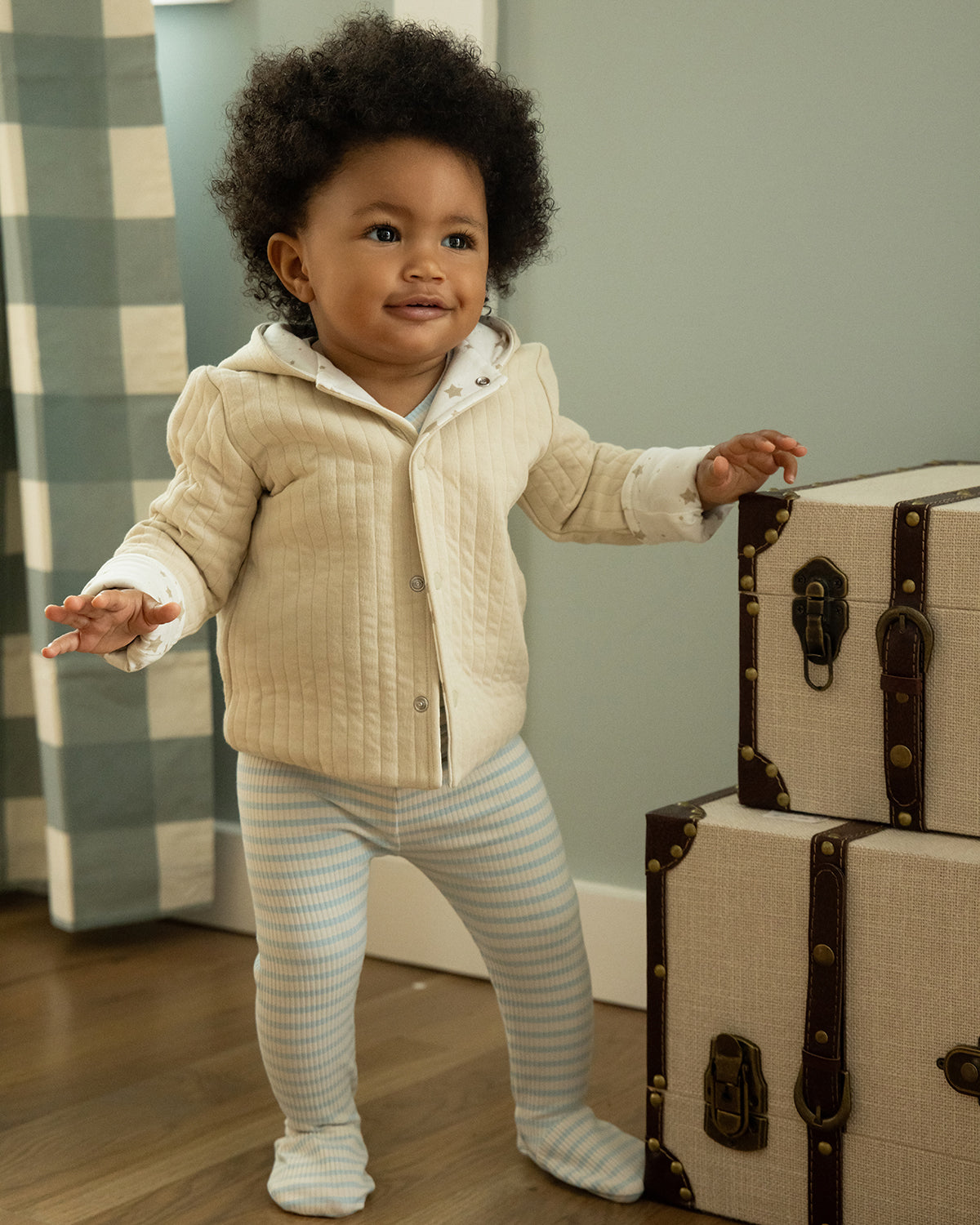 Baby and Toddler Unisex Hooded Reversible Cotton Rich Star-Print / Quilted Jacket : Color: Oatmeal-Winter White