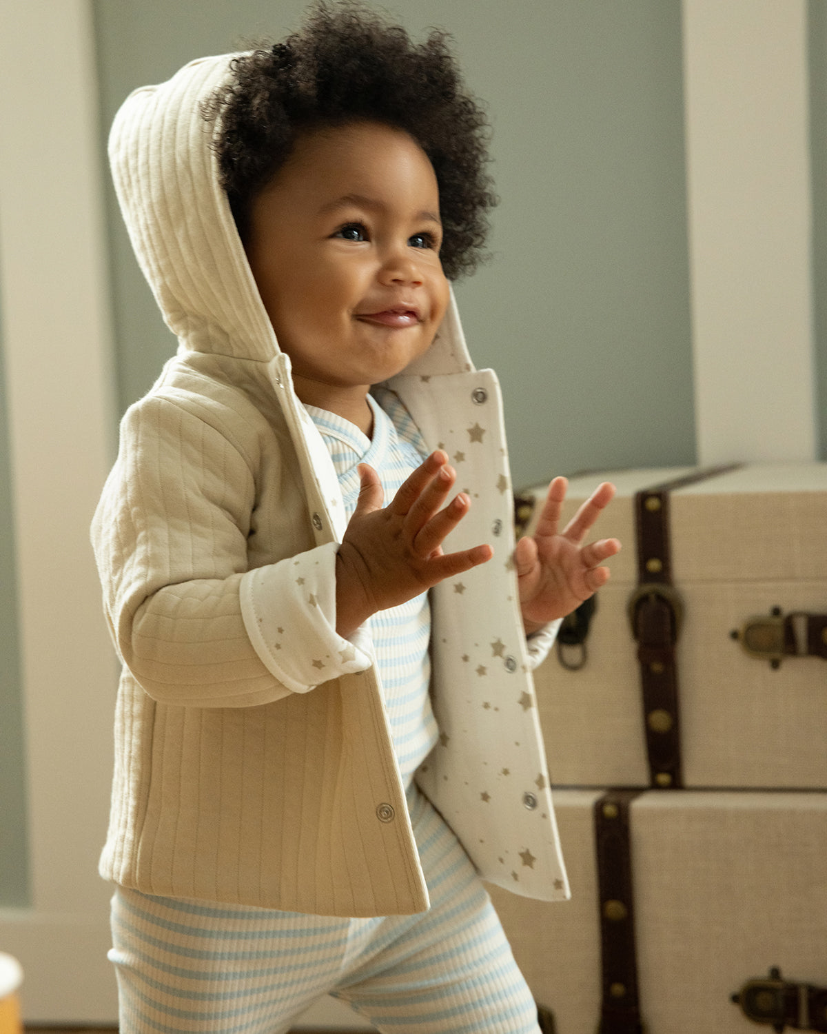Baby and Toddler Unisex Hooded Reversible Cotton Rich Star-Print / Quilted Jacket : Color: Oatmeal-Winter White