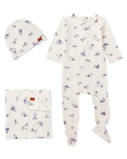 3 Piece Baby Girls Floral Toile Rayon Blend Footie Set : Color: Winter White