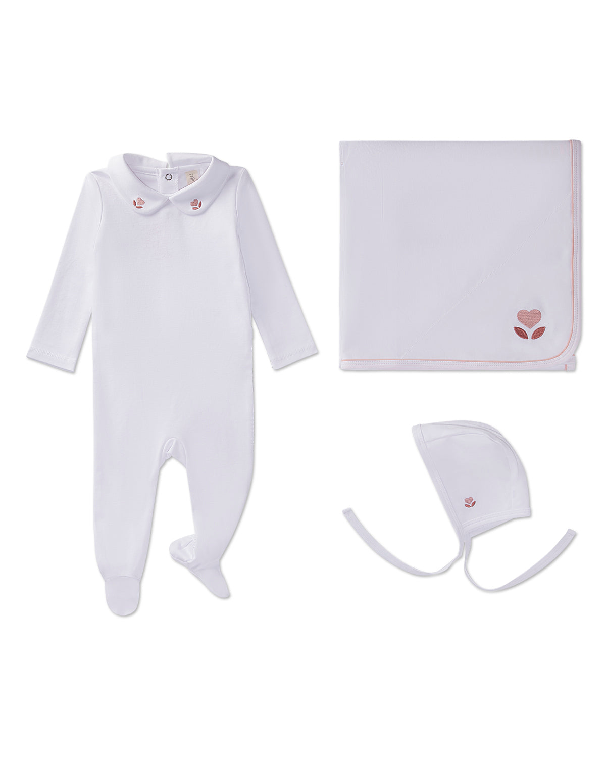 3 Piece Baby Girls 100% Pima Cotton Footie Set with Peter Pan Collar and Embroidered Hearts : Color: Winter White