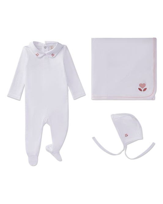 3 Piece Baby Girls 100% Pima Cotton Footie Set with Peter Pan Collar and Embroidered Hearts : Color: Winter White