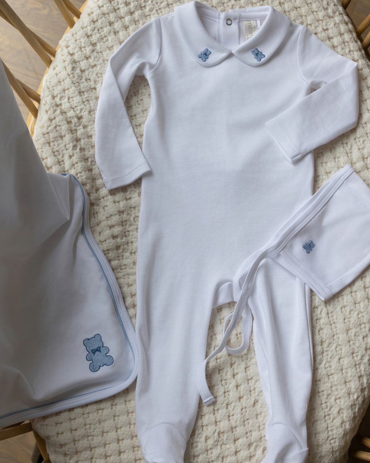 Baby and Toddler 100% Pima Cotton Peter Pan Collar Footie with Teddy Bear Embroidery : Color: Winter White