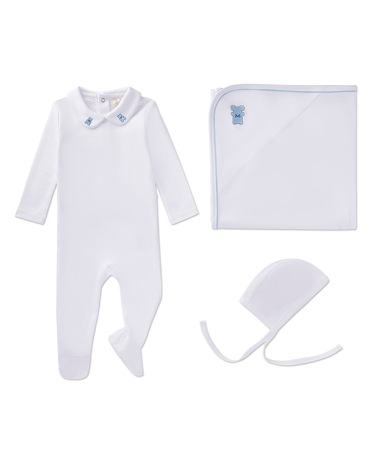 3 Piece Baby Boys 100% Pima Cotton Footie Set with Peter Pan Collar and Teddy Bear Embroidery : Color: Winter White