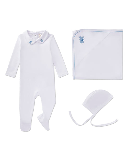 3 Piece Baby Boys 100% Pima Cotton Footie Set with Peter Pan Collar and Teddy Bear Embroidery : Color: Winter White