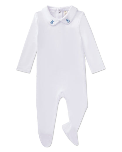 3 Piece Baby Boys 100% Pima Cotton Footie Set with Peter Pan Collar and Teddy Bear Embroidery : Color: Winter White