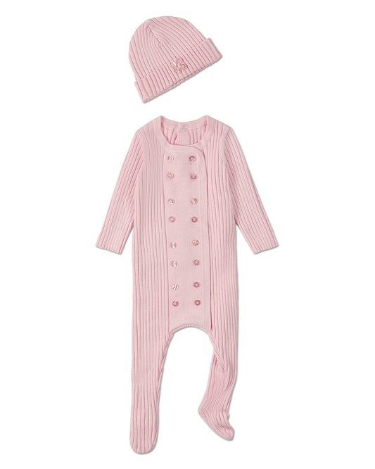 2 Piece Baby Double-Breasted Sweater Rib Footie Set : Color: Pink