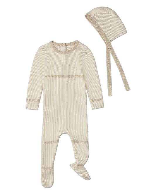 2 Piece Baby Lurex-Trimmed Ribbed Cotton Footie and Cap Set : Color: Winter White