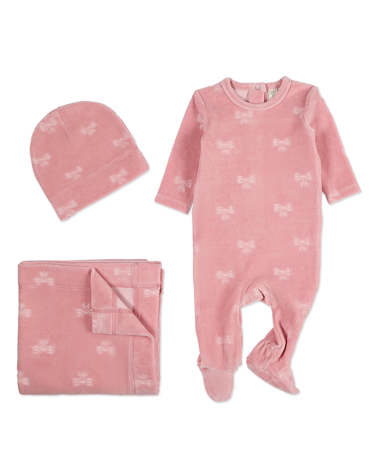 3 Piece Baby Girls "Velvet Bow" Cotton Rich Velour Footie Set : Color: Pink