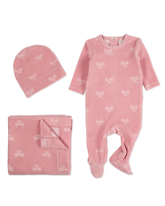 3 Piece Baby Girls "Velvet Bow" Cotton Rich Velour Footie Set : Color: Pink