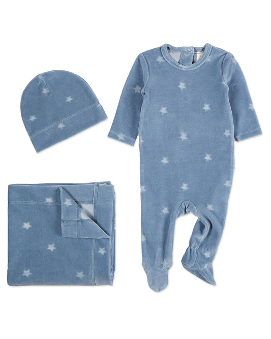 3 Piece Baby Boys "Velvet Star" Cotton Rich Velour Footie Set : Color: Blue