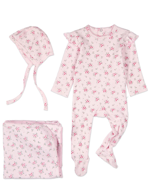 3 Piece Baby Girls Mini-Ribbed Cotton Rich Ruffled-Sleeve Floral Footie Set : Color: Pink
