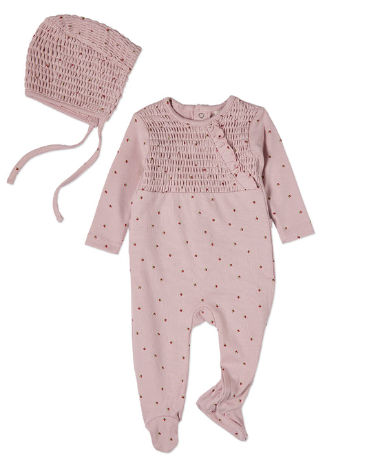 2 Piece Baby Girls "Sweet Cherry" 100% Cotton Smocked Footie Set : Color: Blush Pink