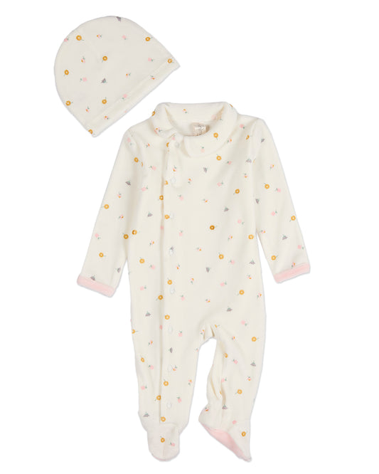 2 Piece Baby Girls "Lily Of The Valley" Cotton Rich Velour Footie Set : Color: Marshmallow