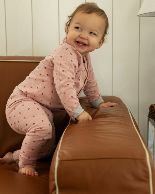 2 Piece Baby and Toddler Girls Reversible "Sweet Cherry" 100% Cotton Pointelle Snap-Up Top and Pants Set : Color: Pink