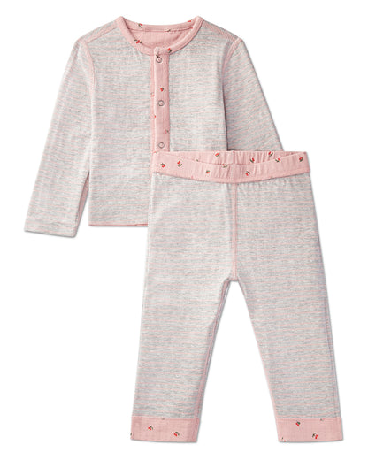 2 Piece Baby and Toddler Girls Reversible "Sweet Cherry" 100% Cotton Pointelle Snap-Up Top and Pants Set : Color: Pink