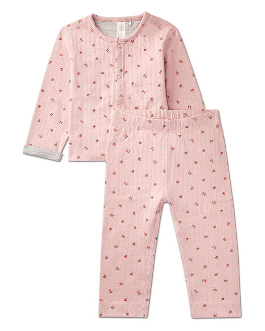 2 Piece Baby and Toddler Girls Reversible "Sweet Cherry" 100% Cotton Pointelle Snap-Up Top and Pants Set : Color: Pink