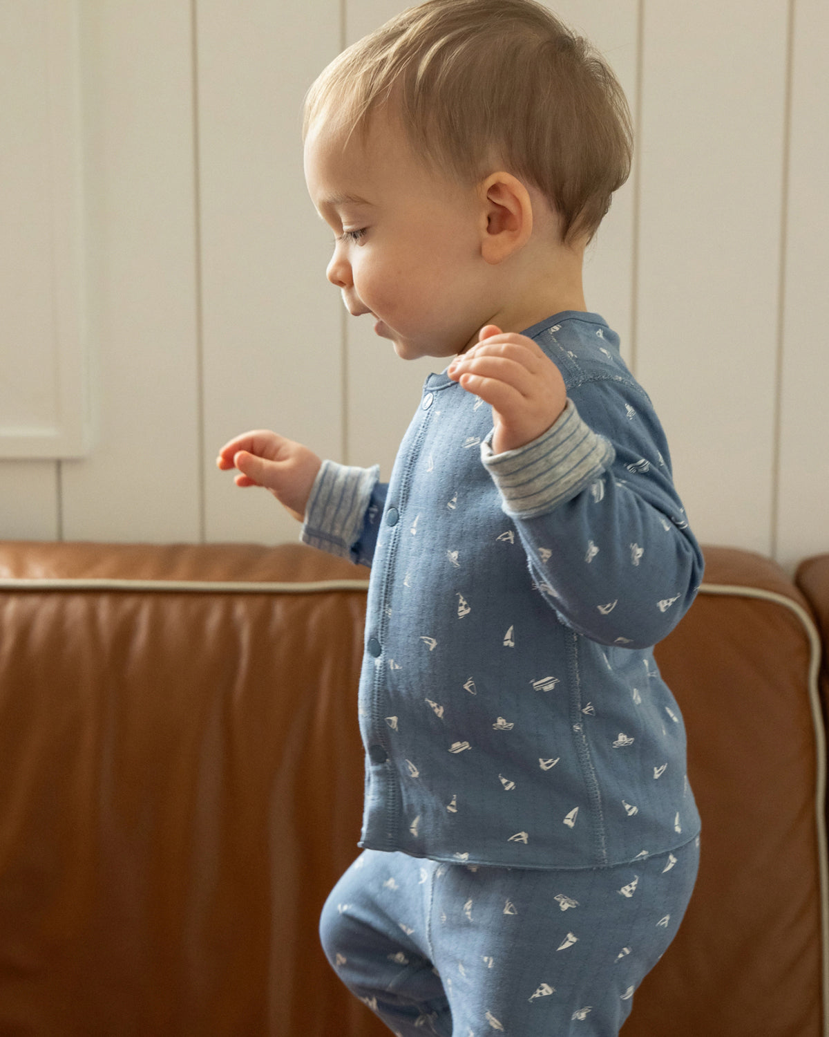 2 Piece Baby and Toddler Boys Reversible "Sail Away" 100% Cotton Pointelle Snap-Up Top and Pants Set : Color: Blue