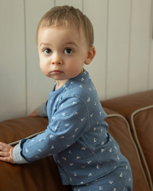 2 Piece Baby and Toddler Boys Reversible "Sail Away" 100% Cotton Pointelle Snap-Up Top and Pants Set : Color: Blue