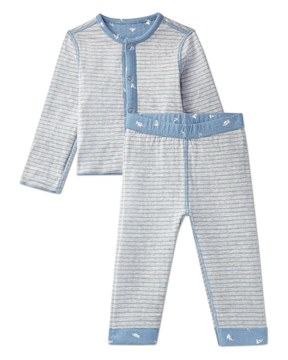 2 Piece Baby and Toddler Boys Reversible "Sail Away" 100% Cotton Pointelle Snap-Up Top and Pants Set : Color: Blue