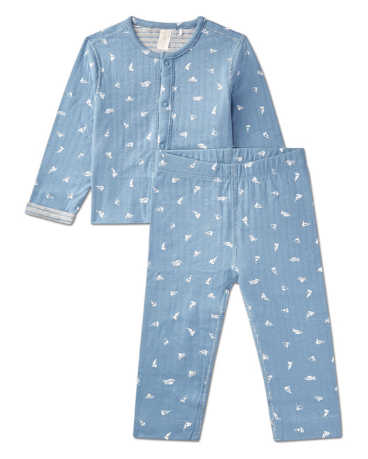 2 Piece Baby and Toddler Boys Reversible "Sail Away" 100% Cotton Pointelle Snap-Up Top and Pants Set : Color: Blue