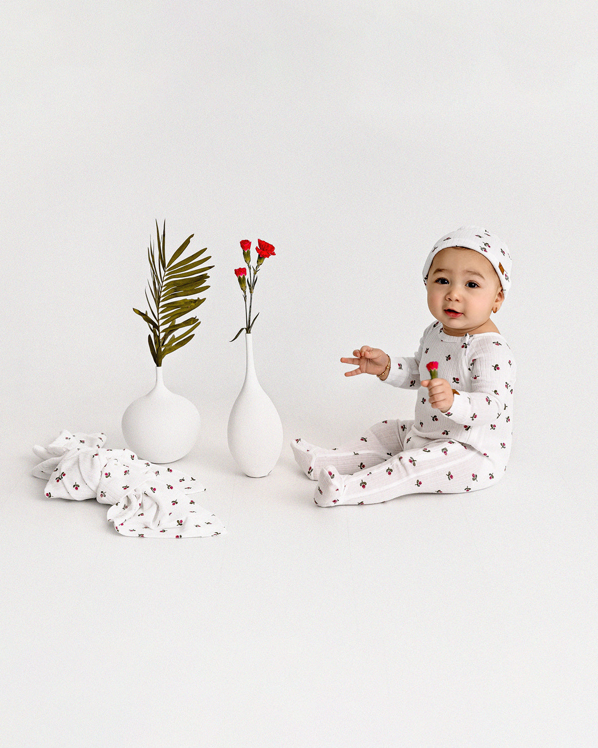 3 Piece Baby Girls "Flower Bud" Ribbed Cotton Rich Footie Set : Color: Winter White