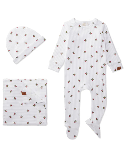 3 Piece Baby Girls "Flower Bud" Ribbed Cotton Rich Footie Set : Color: Winter White