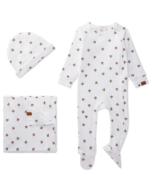 3 Piece Baby Girls "Flower Bud" Ribbed Cotton Rich Footie Set : Color: Winter White