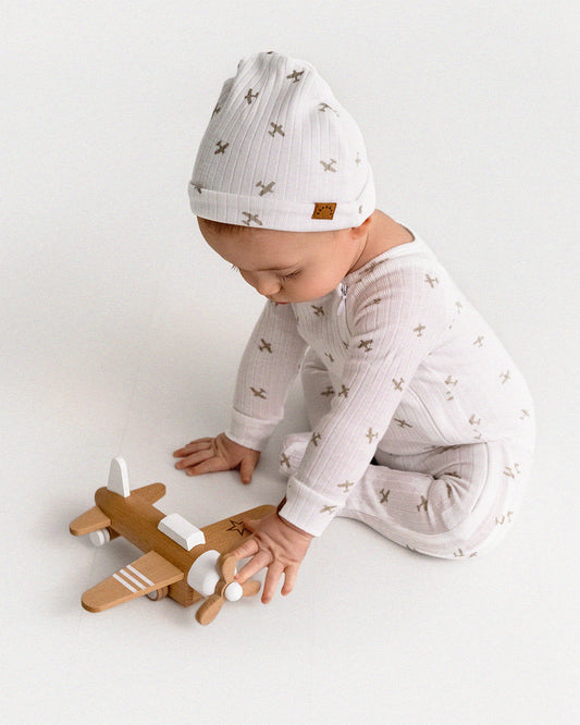 3 Piece Baby Boys "Airplane" Ribbed Cotton Rich Footie Set : Color: Winter White