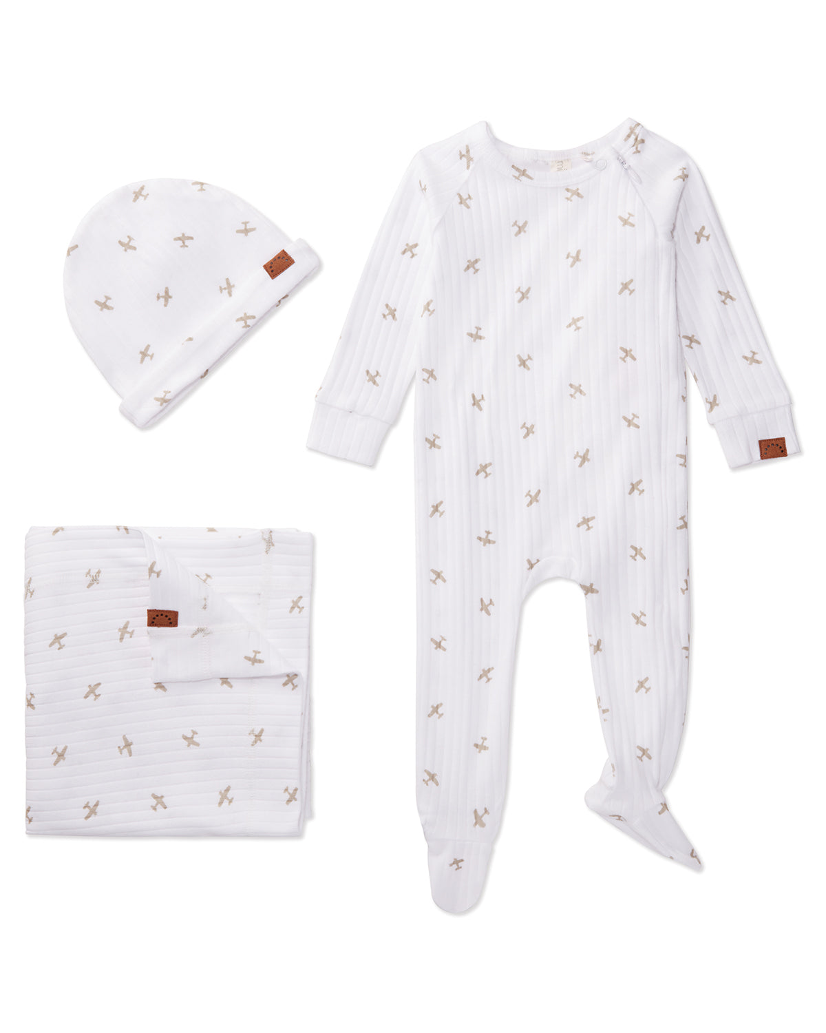 3 Piece Baby Boys "Airplane" Ribbed Cotton Rich Footie Set : Color: Winter White