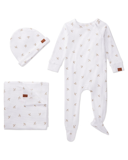 3 Piece Baby Boys "Airplane" Ribbed Cotton Rich Footie Set : Color: Winter White