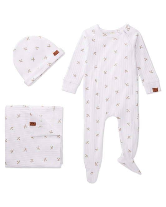 3 Piece Baby Boys "Airplane" Ribbed Cotton Rich Footie Set : Color: Winter White
