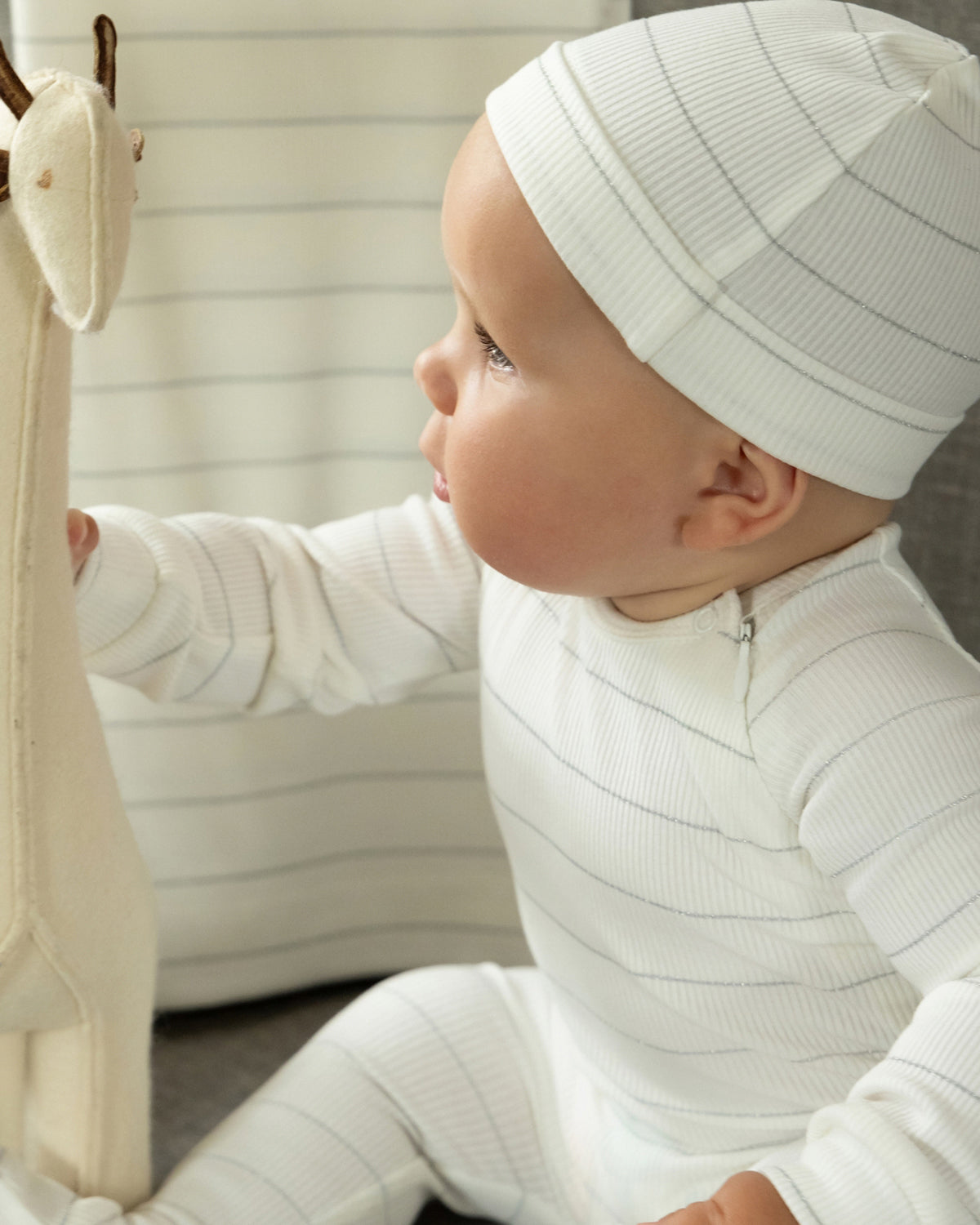3 Piece Unisex Baby Ribbed Shimmer Stripe Footie Set : Color: White