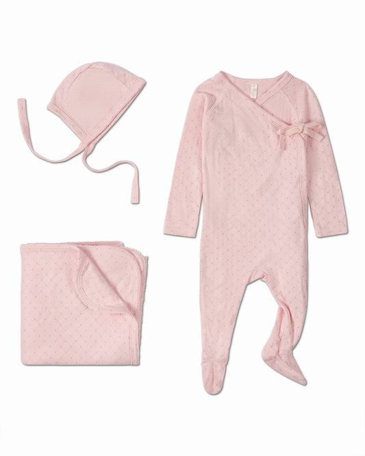3 Piece Baby Girls "Little Hearts" Pointelle Rayon Blend Footie Set : Color: Pink