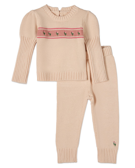2 Piece Baby and Toddler Girls "Tiptoe Through The Tulips" 100% Cotton Knit Embroidered Legging Set : Color: Pink Multi