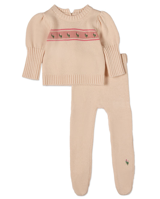 2 Piece Baby Girls "Tiptoe Through The Tulips" 100% Cotton Knit Footed Legging Set : Color: Pink Multi