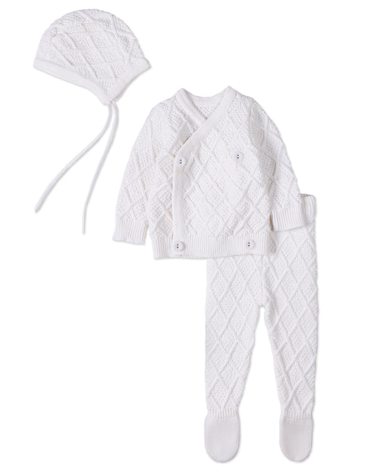 3 Piece Baby Unisex "Simply Sweet" White 100% Cotton Knit Cardigan Set