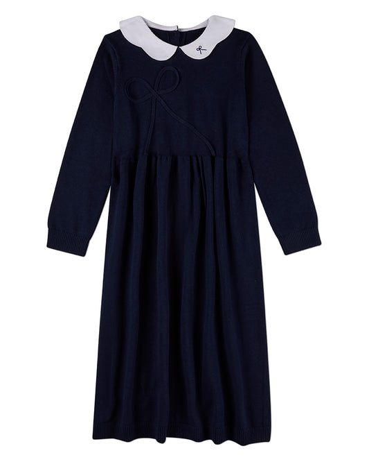 Girls 100% Cotton Maxi Dress with Scalloped Pop Collar and Bow Accents