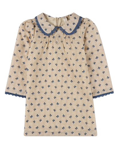 Girls Embroidered-Bow 100% Cotton Pointelle Lace-Trim Mini-Print Dress